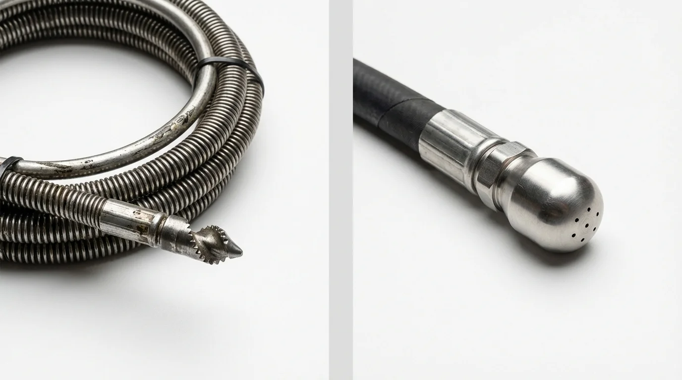 Drain snake cable and hydro jetting nozzle used for drain cleaning in Hiram, ME