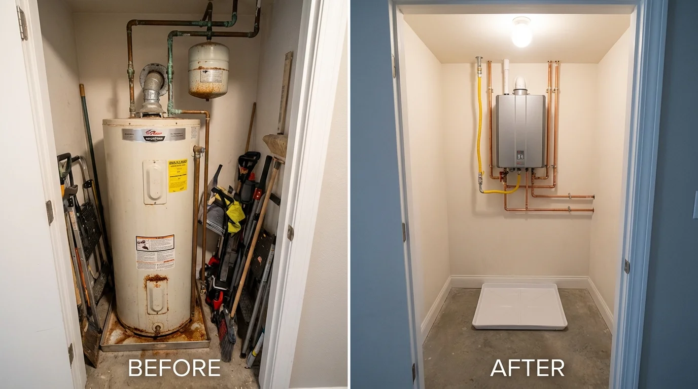 Tank water heater versus wall-mounted tankless unit comparison for Hiram, ME homeowners