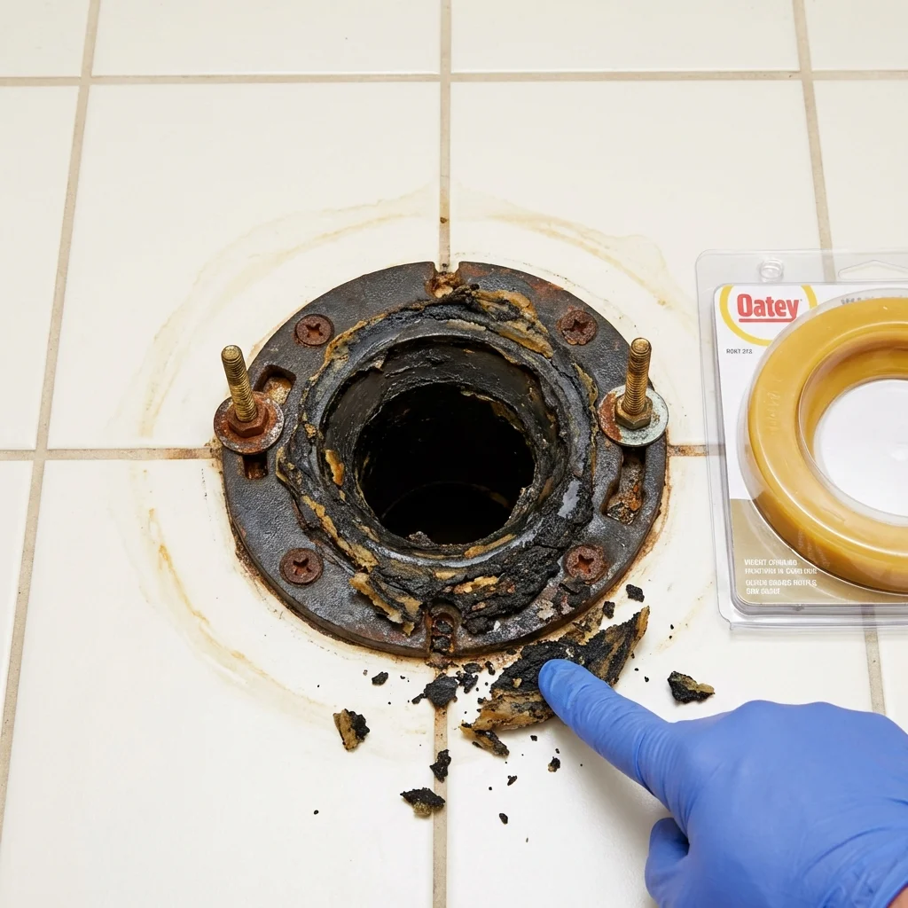 Failed wax ring showing water seepage at the base of a toilet in a Hiram, ME home