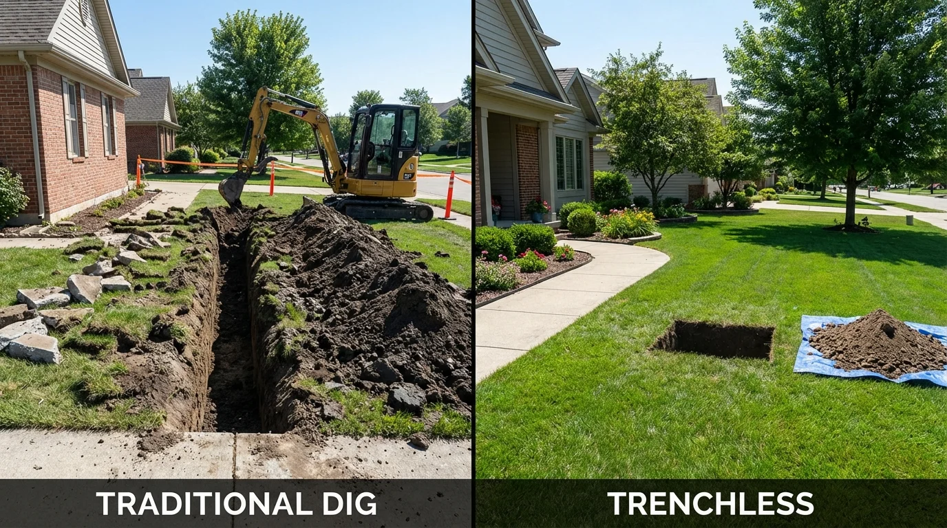 Trenchless sewer repair with minimal yard damage versus traditional excavation in Hiram, ME