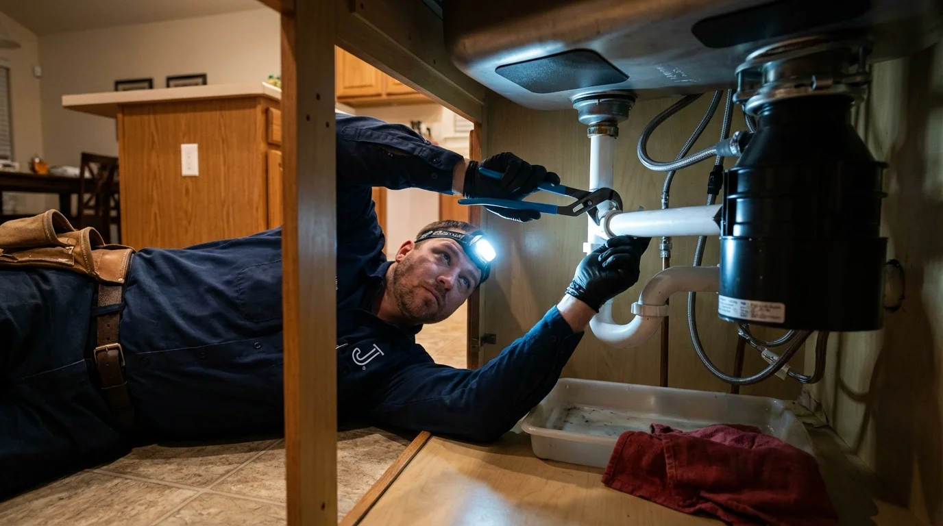 P-trap and supply line connections under a kitchen sink showing a common leak point in Hiram, ME
